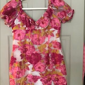 Shein pink floral mini dress with sweetheart neckline and puff sheer sleeves